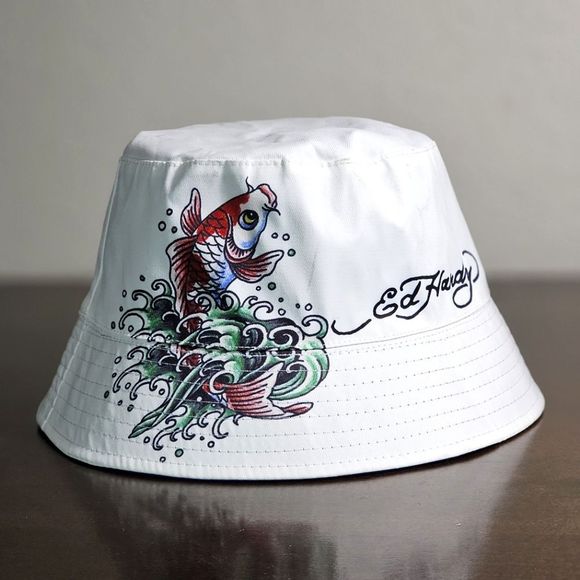 Ed Hardy Accessories - Ed Hardy By Christian Audigier Fish Tattoo Bucket Hat Reversible White Blue New